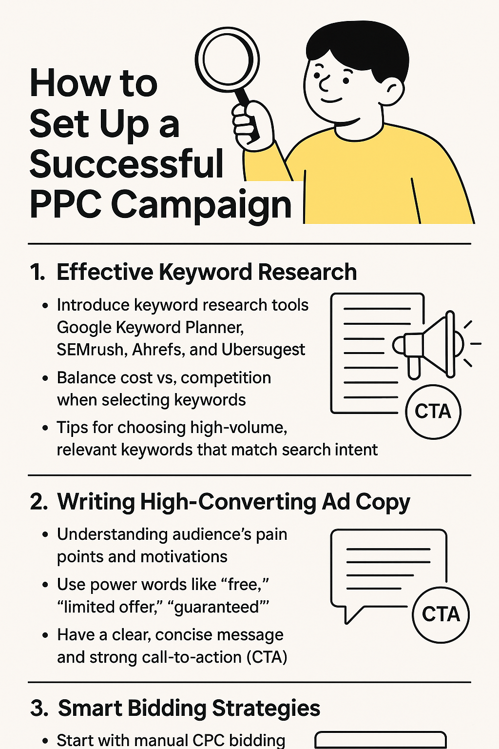 YourDigihelp infographic on PPC campaign management setup, covering keyword research, ad copywriting, and bidding strategies.