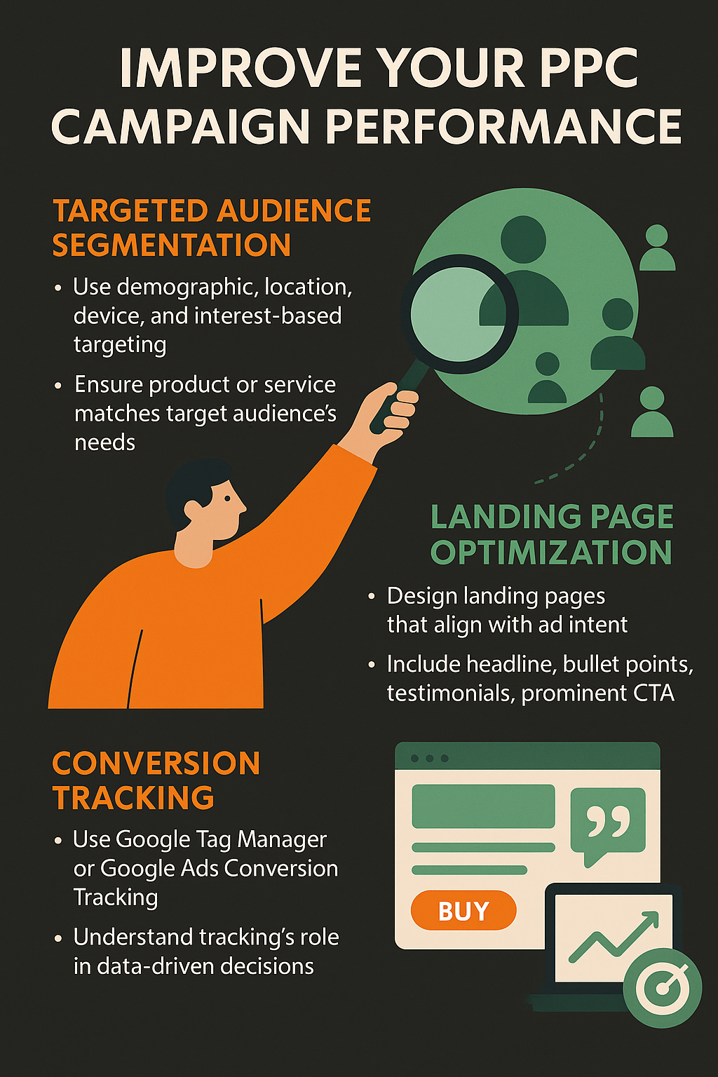 Infographic from YourDigihelp explaining PPC campaign management with tips on audience targeting, landing page optimization, and conversion tracking.