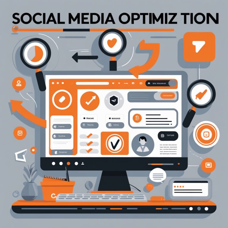 Vibrant flat vector illustration of an SMO concept by YourDigiHelp, featuring no human figures. Includes targeting arrows, engagement icons (comments, shares), a trust badge, and website links with CTAs, using ORANGE, black, and gray tones with dynamic growth lines."