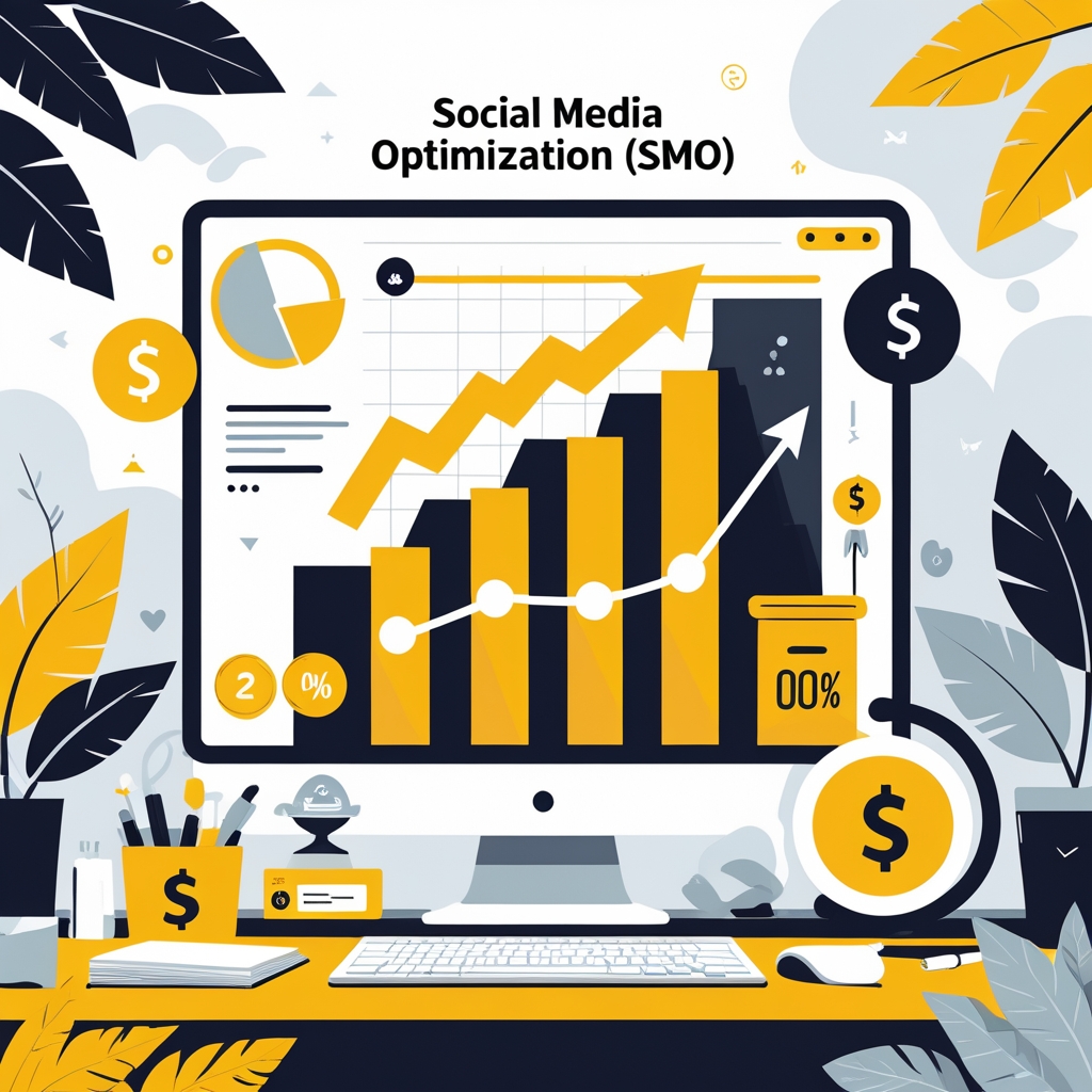 Vibrant flat vector illustration by YourDigiHelp showcasing SMO concept with no human figures. Features upward-trending graph, conversion funnel, percentage symbols, and a scale with a dollar sign, using yellow, black, and gray tones with leaf accents."
