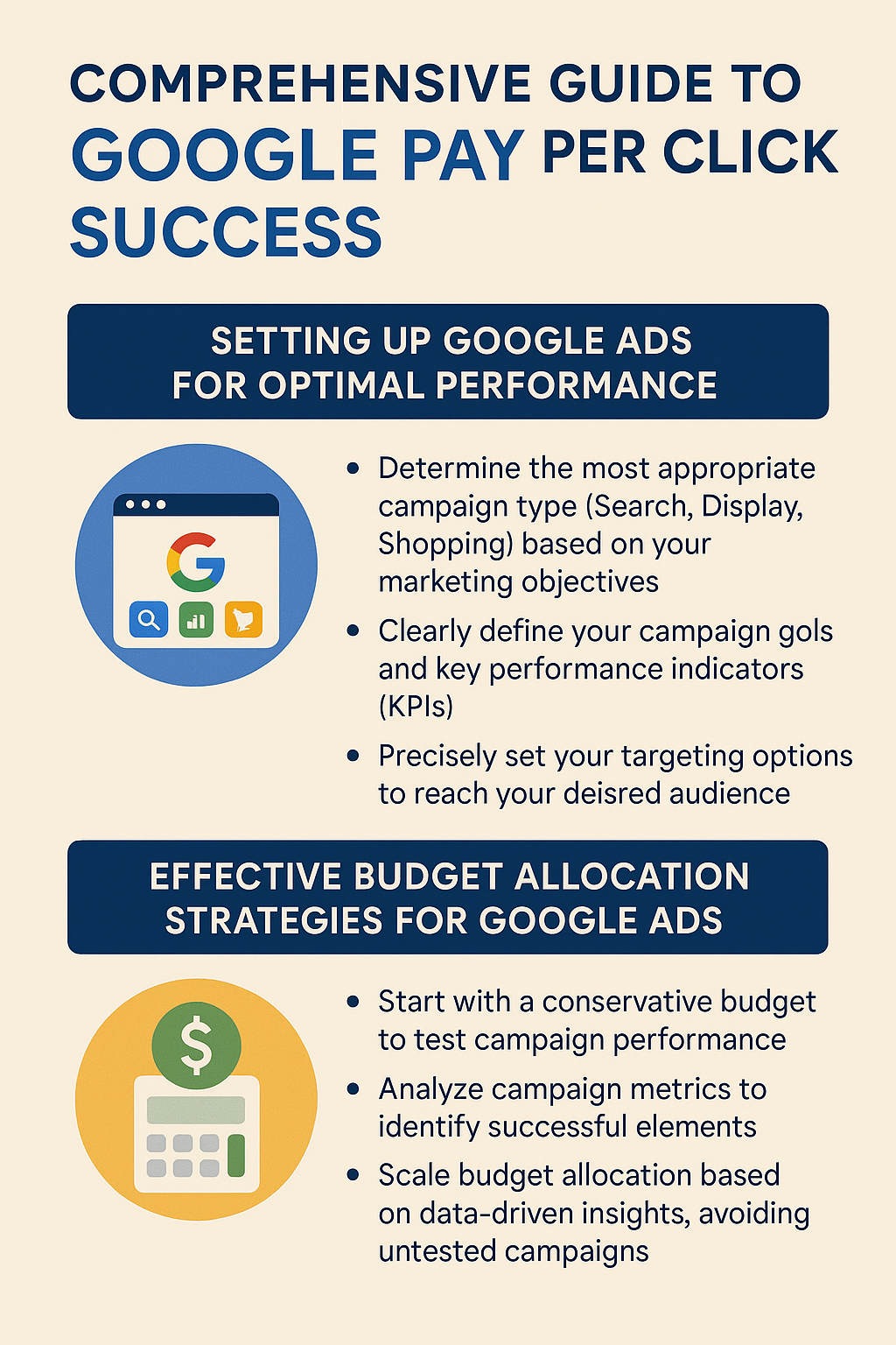 Google Pay Per Click success guide infographic by YourDigihelp featuring tips for setting up Google Ads for optimal performance and effective budget allocation strategies.