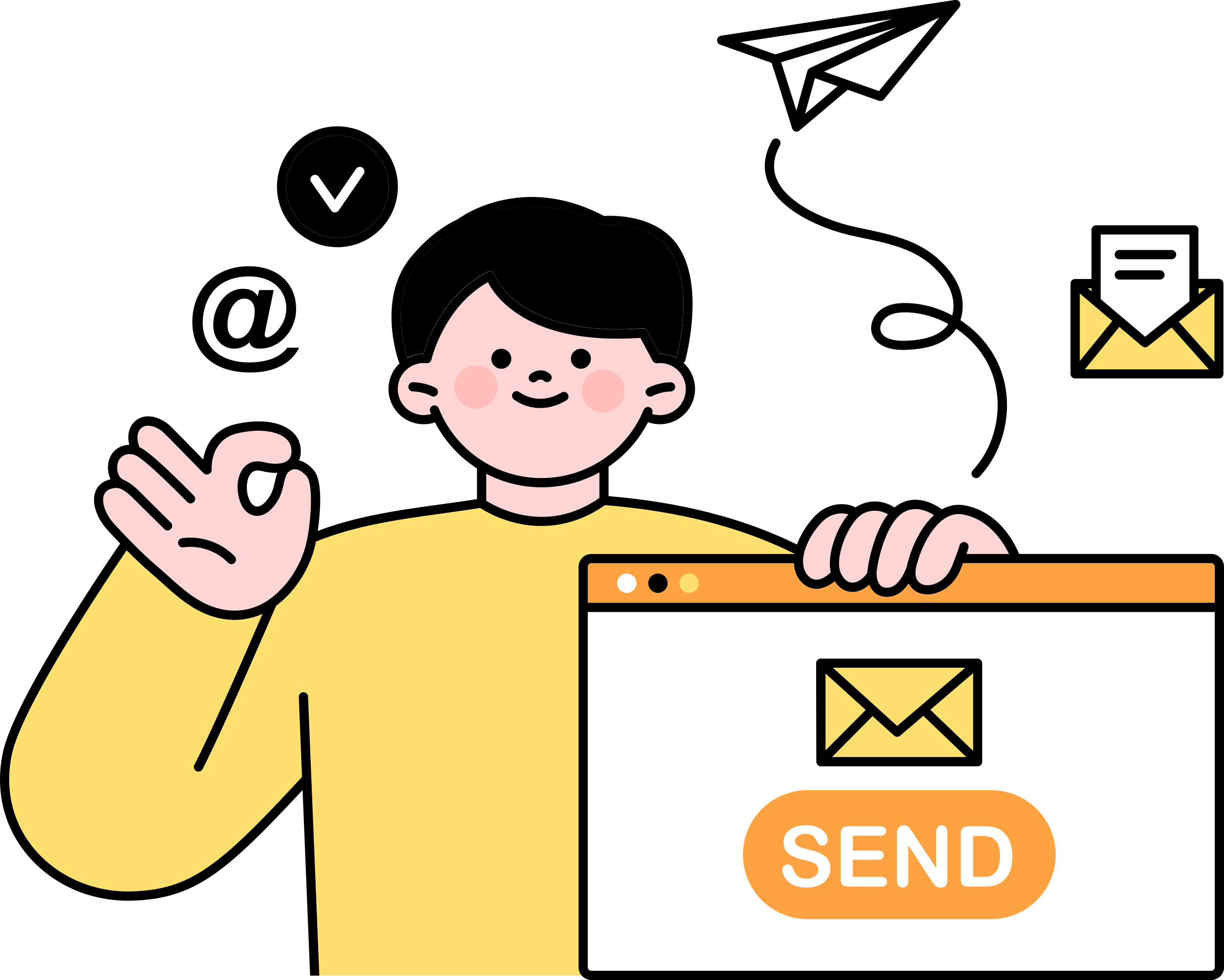 A cartoon illustration showing a person sending emails, with icons for email, sent messages, and a paper airplane. This image represents efficient email marketing and digital communication, a service offered by yourdigihelp.