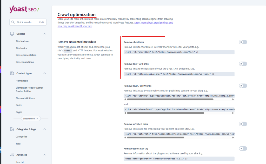 Yoast SEO remove unwanted metadata section showing toggles for shortlinks, REST API links, RSD/WLW, oEmbed, generator tag, pingback, and powered-by header