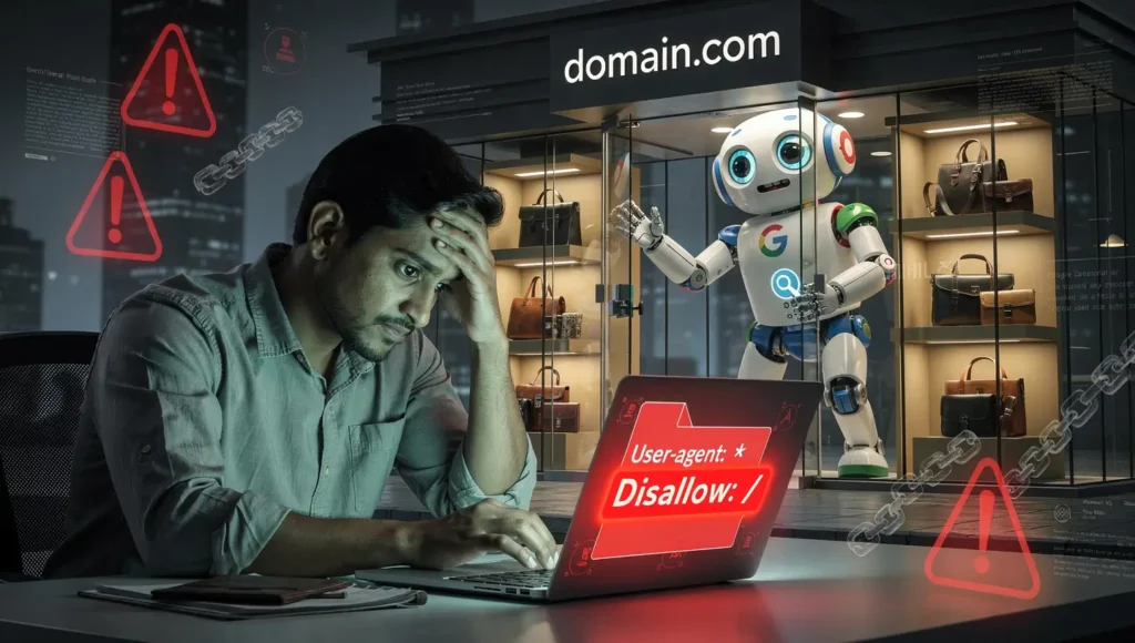 Googlebot locked outside a website due to wrong robots.txt file showing Disallow: / – a critical technical SEO mistake that blocks entire site crawling and kills organic rankings
