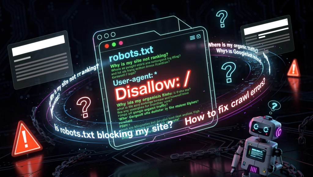 Futuristic illustration of robots.txt file at center with SEO questions orbiting around it including "Why is my site not ranking?" and "Is robots.txt blocking Googlebot?" – highlighting common technical SEO mistakes